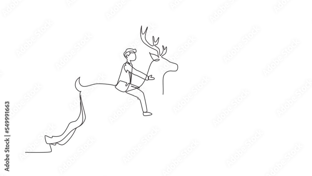 Animated self drawing of continuous line draw businessman riding deer. Investment, bullish stock market trading, rising bonds trend. Successful businessman trader. Full length single line animation Animated self drawing of continuous line draw businessman riding deer. Investment, bullish stock market trading, rising bonds trend. Successful businessman trader. Full length single line animation