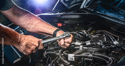 Obraz na płótnie Auto mechanic working in garage. Repair service. w salonie