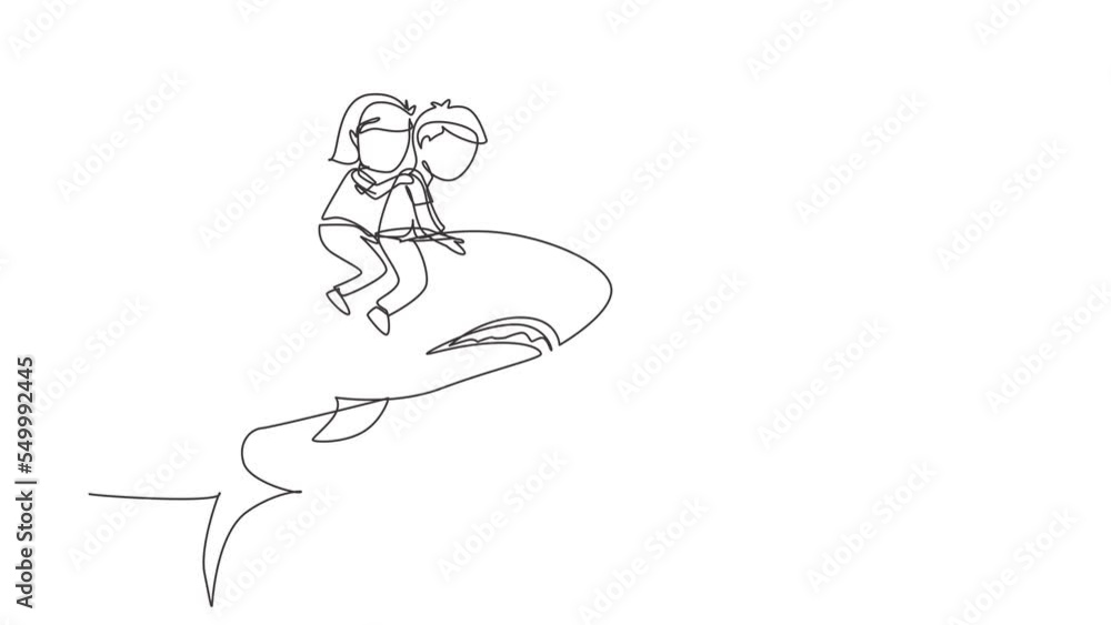 Self drawing animation of single line draw boy and girl riding inflatable shark. Kids sitting on back shark in swimming pool. Shark ocean fish in deep water. Continuous line draw. Full length animated Self drawing animation of single line draw boy and girl riding inflatable shark. Kids sitting on back shark in swimming pool. Shark ocean fish in deep water. Continuous line draw. Full length animated