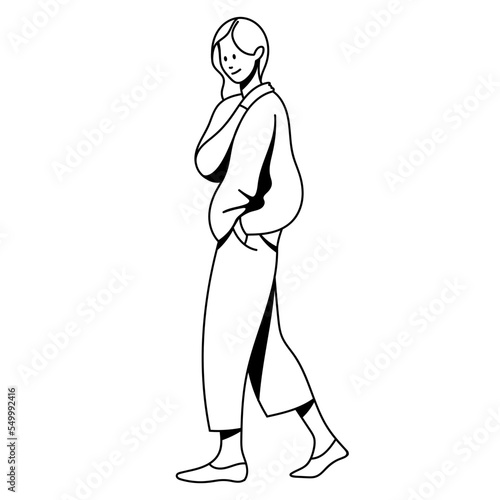 vector trendy linear illustration of a beautiful stylish girl in fashionable clothes walking down the street. street style, fashion. useful for web, graphic design, print, clothing store, card, poster