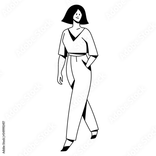 vector trendy linear illustration of a beautiful stylish girl in fashionable clothes walking down the street. street style, fashion. useful for web, graphic design, print, clothing store, card, poster