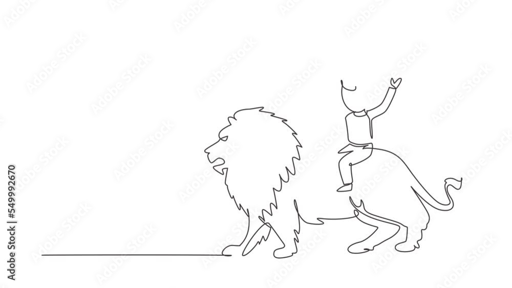 Animated self drawing of continuous line draw boy, girl riding lion together. Children sitting on back big lion at circus event. Kids learning to ride beast animal. Full length single line animation Animated self drawing of continuous line draw boy, girl riding lion together. Children sitting on back big lion at circus event. Kids learning to ride beast animal. Full length single line animation