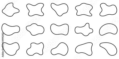 Organic Asymmetric Blotch, Stain, Spot, Splodge Black Line Collection. Free Form Abstract Outline Set on White Background. Irregular Random Minimal Blob Form. Isolated Vector Illustration