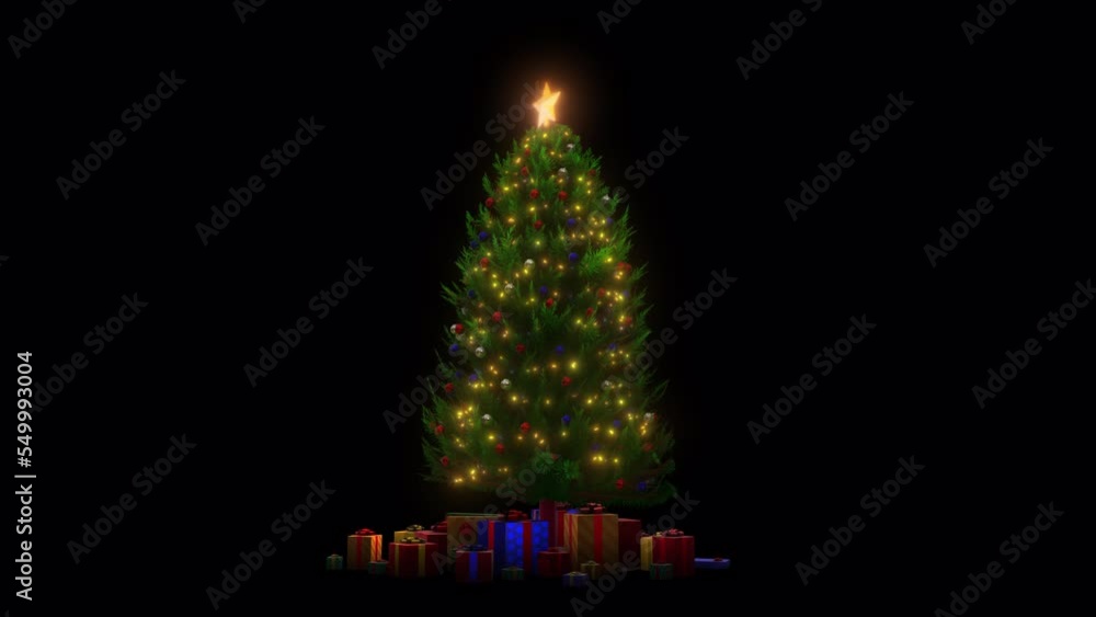 Christmas Tree with Lights, Ornaments and Gift boxes. Lights turning on
