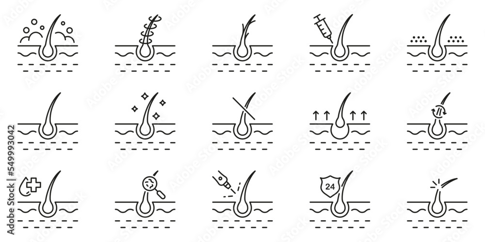 Fototapeta premium Hair Follicle Treatment Line Icon Set. Hair Loss, Growth, Removal, Care, Damage Linear Pictogram. Healthy Dermatology for Epidermis Outline Icon. Editable Stroke. Isolated Vector Illustration