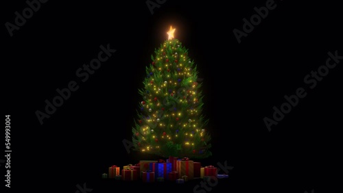 Christmas Tree with Lights, Ornaments and Gift boxes. Lights turning on. Spinning with a Seamless Loop-able Animation. Includes Alpha Matte. 