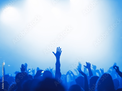 Raised hand of music fan on concert. Silhouette of music festival audience on dance floor