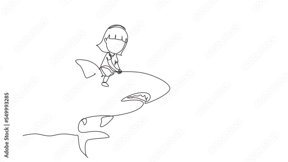 Animated self drawing of continuous line draw little girl riding inflatable shark. Young kid sitting on back shark in swimming pool. Shark ocean fish in deep water. Full length single line animation Animated self drawing of continuous line draw little girl riding inflatable shark. Young kid sitting on back shark in swimming pool. Shark ocean fish in deep water. Full length single line animation