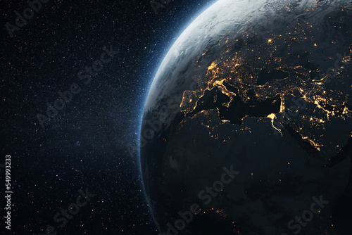 Fototapeta Naklejka Na Ścianę i Meble -  Amazing night planet Earth with Europe, Africa and Eastern countries with bright night city lights in starry space. Megacities and light view from space