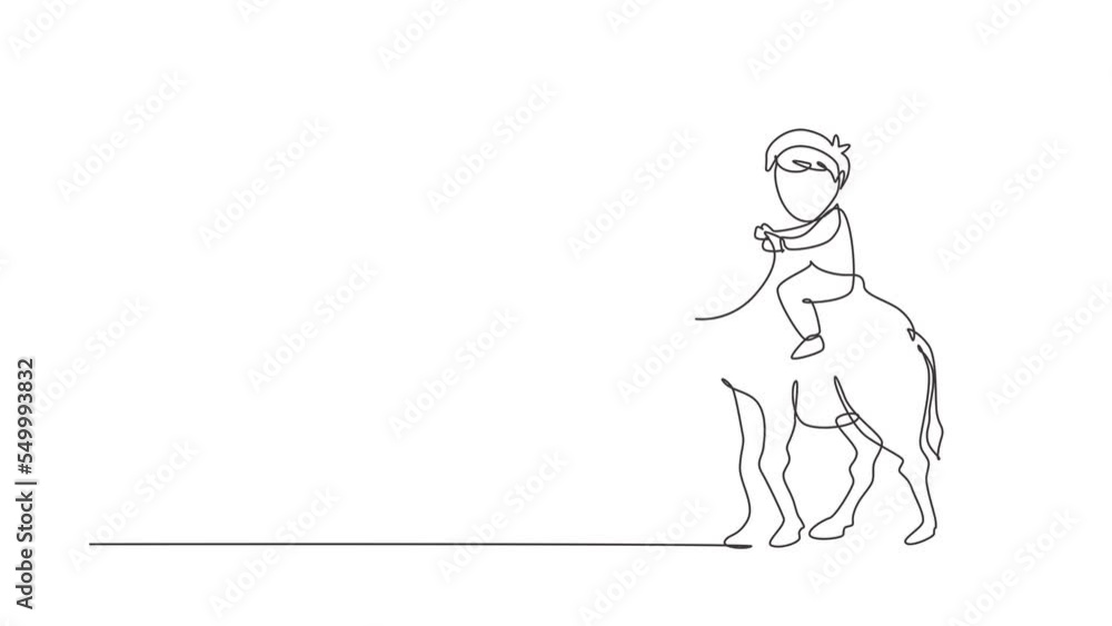 Self drawing animation of single one line draw happy little boy riding camel. Child sitting on hump camel with saddle in desert. Kids learning to ride camel. Continuous line draw. Full length animated Self drawing animation of single one line draw happy little boy riding camel. Child sitting on hump camel with saddle in desert. Kids learning to ride camel. Continuous line draw. Full length animated