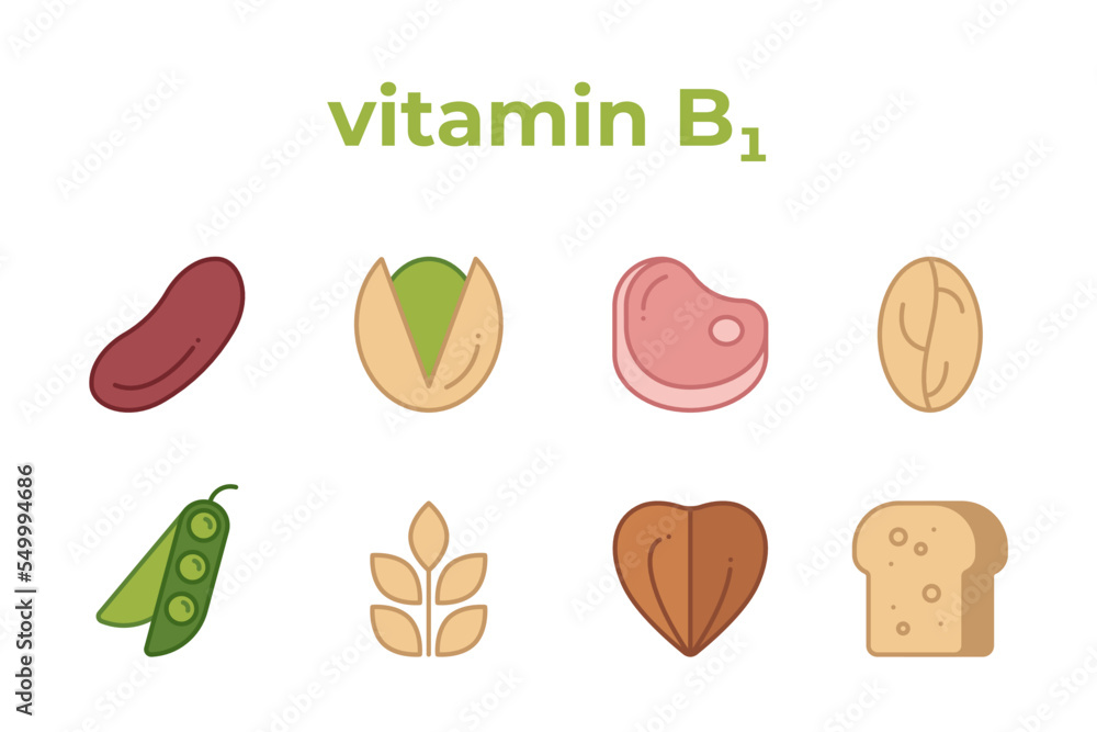 A set of line icons of products containing vitamin B1. Collection of vitamin B1, editable stroke