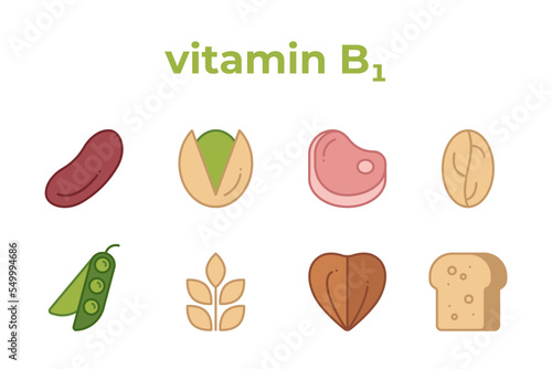 A set of line icons of products containing vitamin B1. Collection of vitamin B1, editable stroke