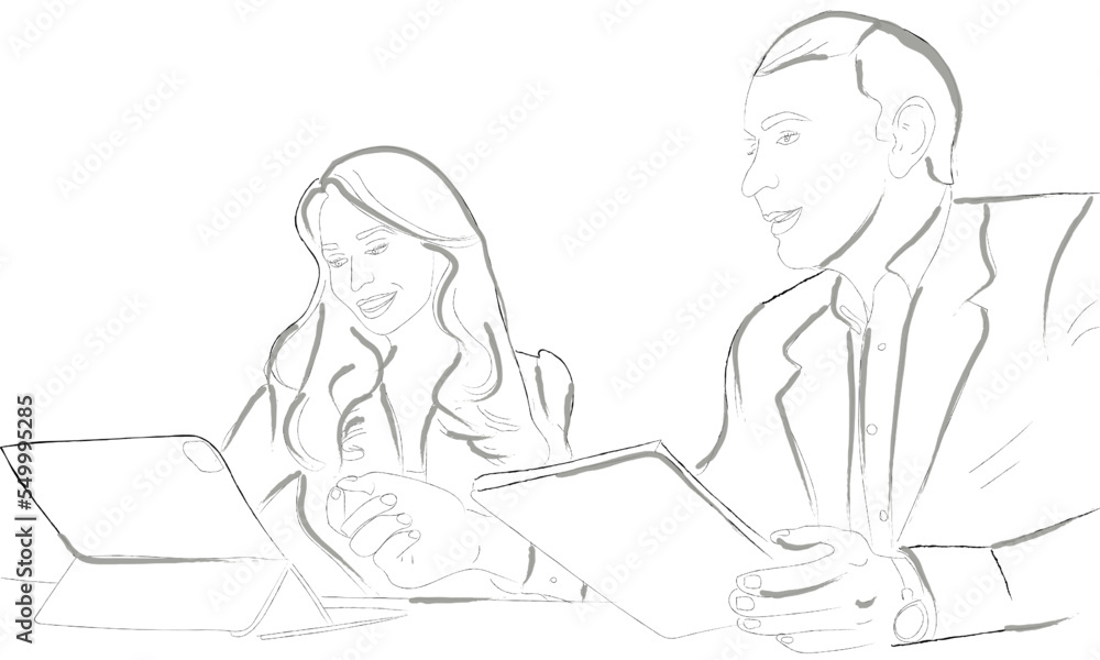Man and woman working together on tablets vector line art