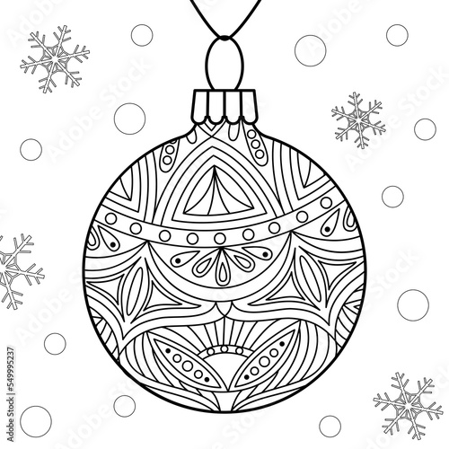 Vector linear decorative Christmas tree ball with snowflakes. Isolated outline winted glass decor for coloring page on white