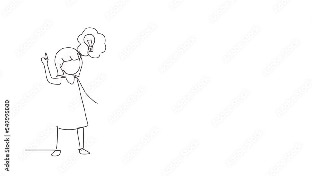Animated self drawing of continuous line draw little girl thinking. Kids think creative idea. Bubble with light bulbs sign. Concept of learning and growing children. Full length single line animation Animated self drawing of continuous line draw little girl thinking. Kids think creative idea. Bubble with light bulbs sign. Concept of learning and growing children. Full length single line animation