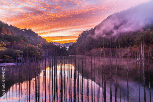 Fototapeta Naklejka Na Ścianę i Meble -  水面に映る紅葉がきれいな夜明けの自然湖