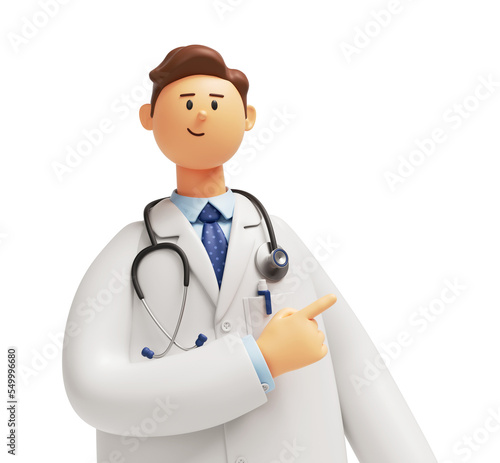3d render. Human doctor cartoon character with stethoscope, looks at camera. Professional consultation. Medical concept