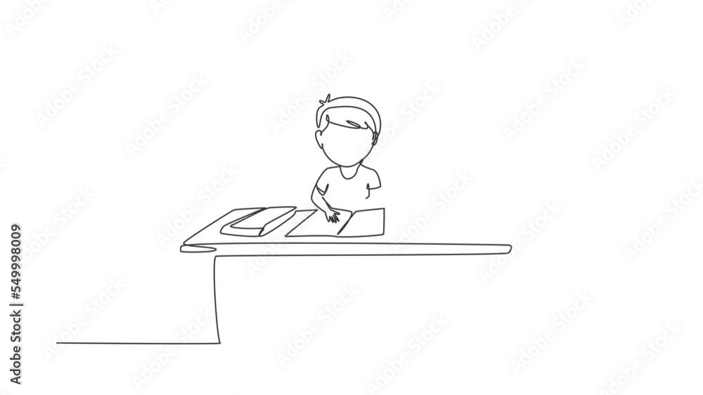 Animated self drawing of continuous line draw boy studying on table with stationery such as books, pencils, pens. Kid makes homework from school. Intelligent student. Full length one line animation Animated self drawing of continuous line draw boy studying on table with stationery such as books, pencils, pens. Kid makes homework from school. Intelligent student. Full length one line animation