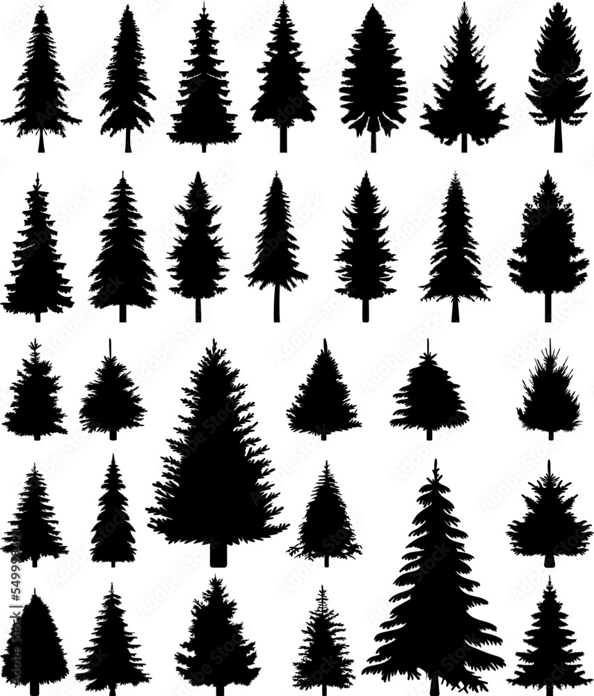 set silhouette of christmas tree, fir tree design vector isolated