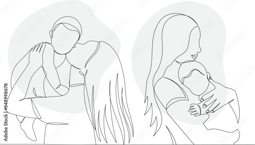 moms and babies sketch, continuous line drawing, vector