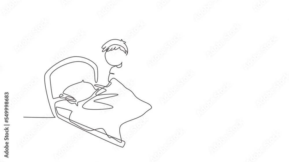 Animated self drawing of continuous line draw little boy making the bed. Kids doing housework chores at home concept. Kids routine after waking up to tidy up the bed. Full length one line animation Animated self drawing of continuous line draw little boy making the bed. Kids doing housework chores at home concept. Kids routine after waking up to tidy up the bed. Full length one line animation