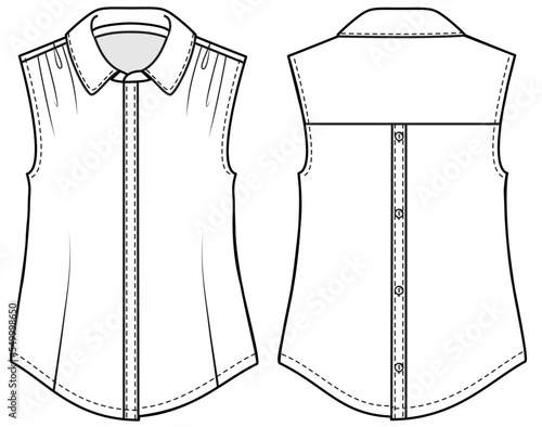 womens sleeveless button down collar shirt blouse flat technical cad drawing front and back view vector template
