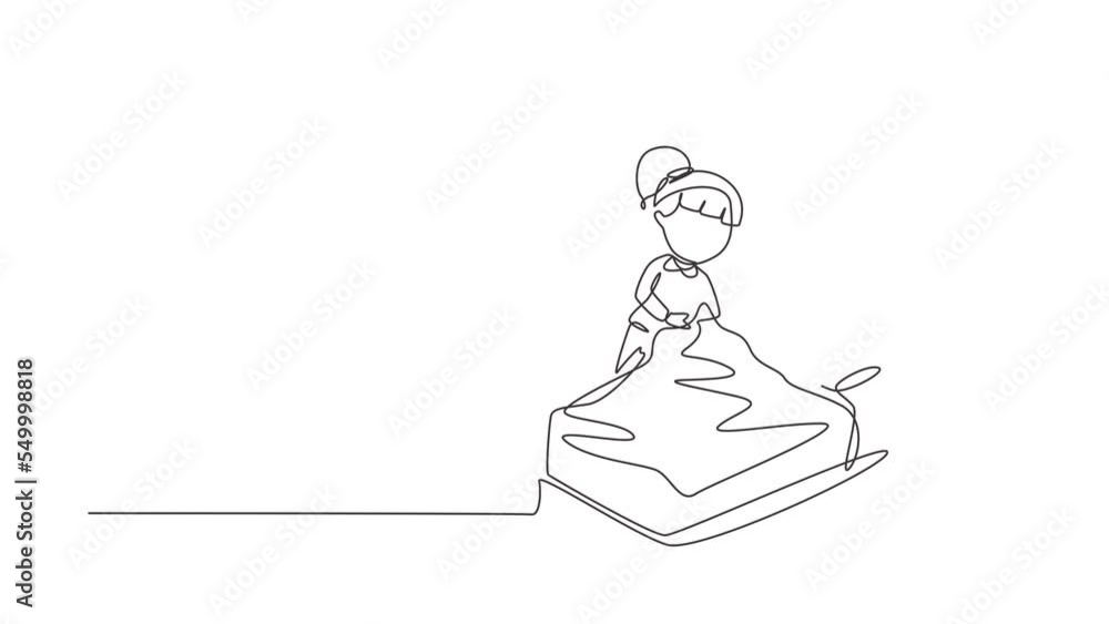 Animated self drawing of continuous line draw cute girl making the bed. Kids doing housework chores at home concept. Kids routine after waking up to tidy up the bed. Full length single line animation Animated self drawing of continuous line draw cute girl making the bed. Kids doing housework chores at home concept. Kids routine after waking up to tidy up the bed. Full length single line animation