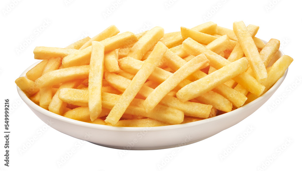 Prato com batatas fritas em fundo branco Prato com batatas fritas em fundo branco