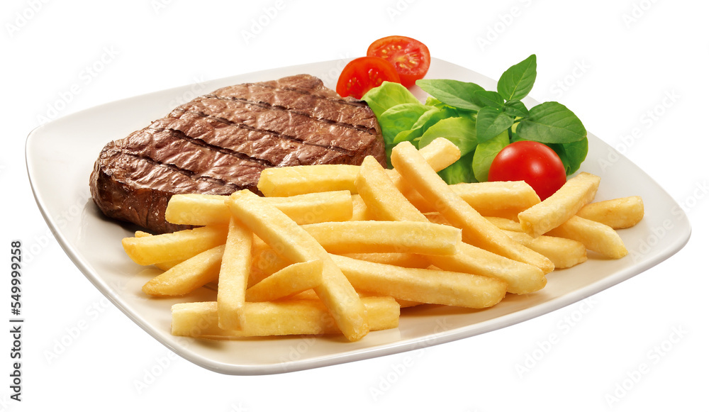 prato com carne grelhada, batatas fritas e salada prato com carne grelhada, batatas fritas e salada
