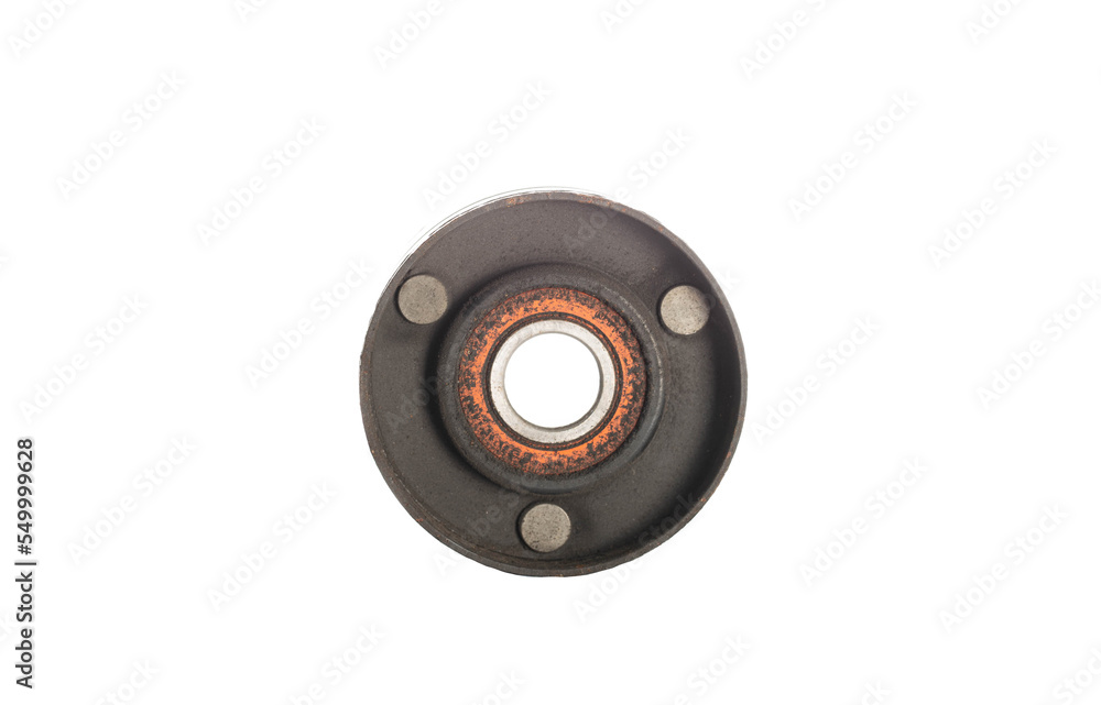 Old bypass car roller. Roller jamming, close-up. White background, isolate. Spare part from the car Old bypass car roller. Roller jamming, close-up. White background, isolate. Spare part from the car