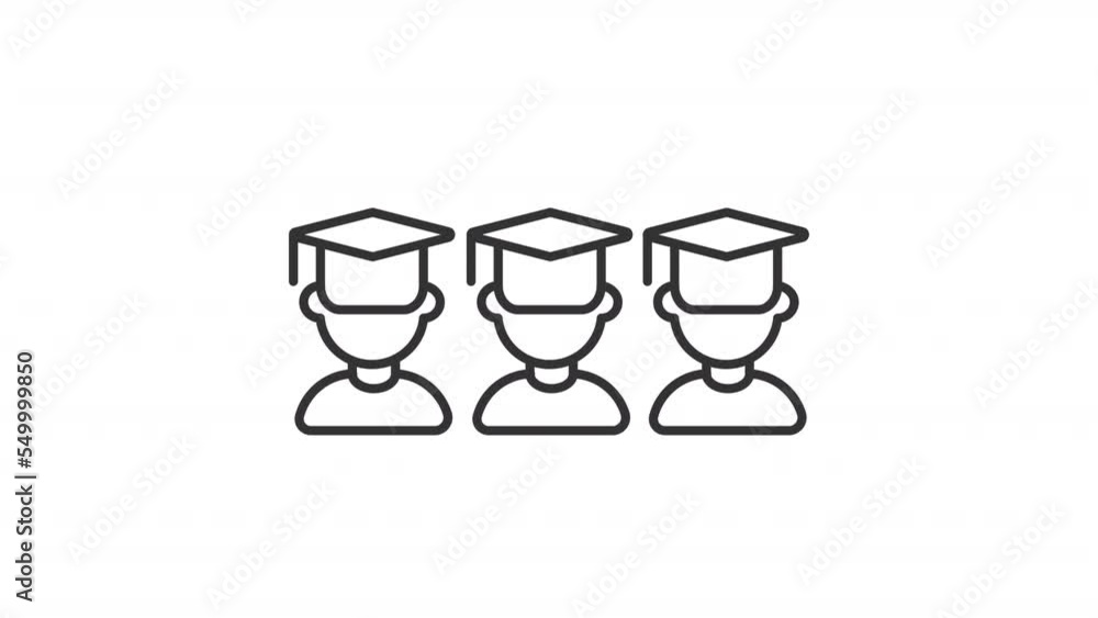 Animated students linear icon. Group of scholars with mortarboards. Graduation ceremony. Seamless loop HD video with alpha channel on transparent background. Outline motion graphic animation