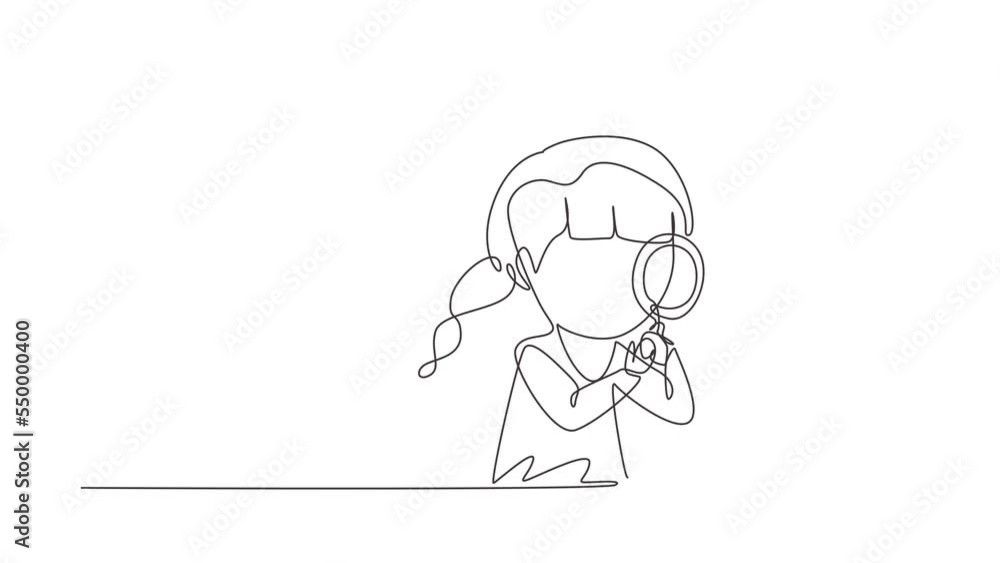 Self drawing animation of single one line draw little girl using magnifying glass and observing ladybug on leaf. Children observing nature. Kids activities. Continuous line draw. Full length animated Self drawing animation of single one line draw little girl using magnifying glass and observing ladybug on leaf. Children observing nature. Kids activities. Continuous line draw. Full length animated