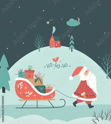 Christmas card with Santa Claus, gift boxes on sleigh and winter night landscape. Winter wonderland. Christmas eve concept. Retro vector illustration
