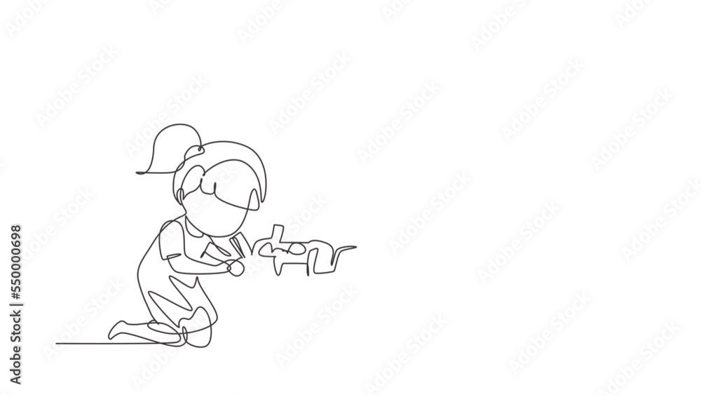 Animated self drawing of continuous line draw girl putting her toys into box. Kids doing housework chores at home concept. Smiling child storing her toys in box. Full length single line animation Animated self drawing of continuous line draw girl putting her toys into box. Kids doing housework chores at home concept. Smiling child storing her toys in box. Full length single line animation
