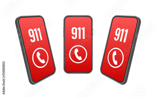 911 smartphone in flat style. Call icon vector. Hand holding smartphone. First aid. Finger touch screen. Vector stock illustration