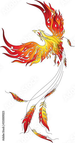 Flaming Phoenix vector illustration in artistic back view angle. Ideal for body art, tattoo and prints