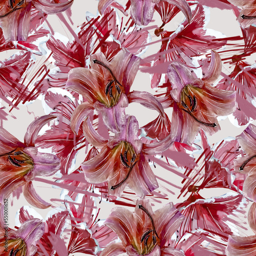 Seamless bright pattern with azaleas and lilies. Background with flowers. Stylization watercolor.