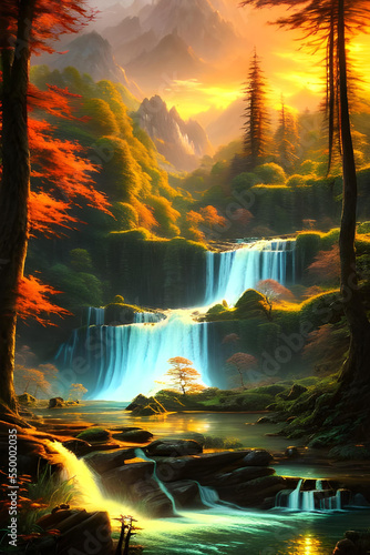 a magical fantasy forest landscape in autumn with a river and waterfalls in the sunset - painting - illustration