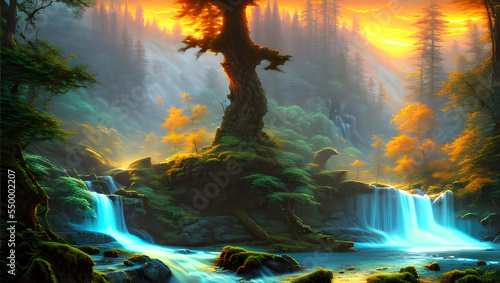 a magic fantasy forest landscape with a river and waterfalls in the sunset - painting