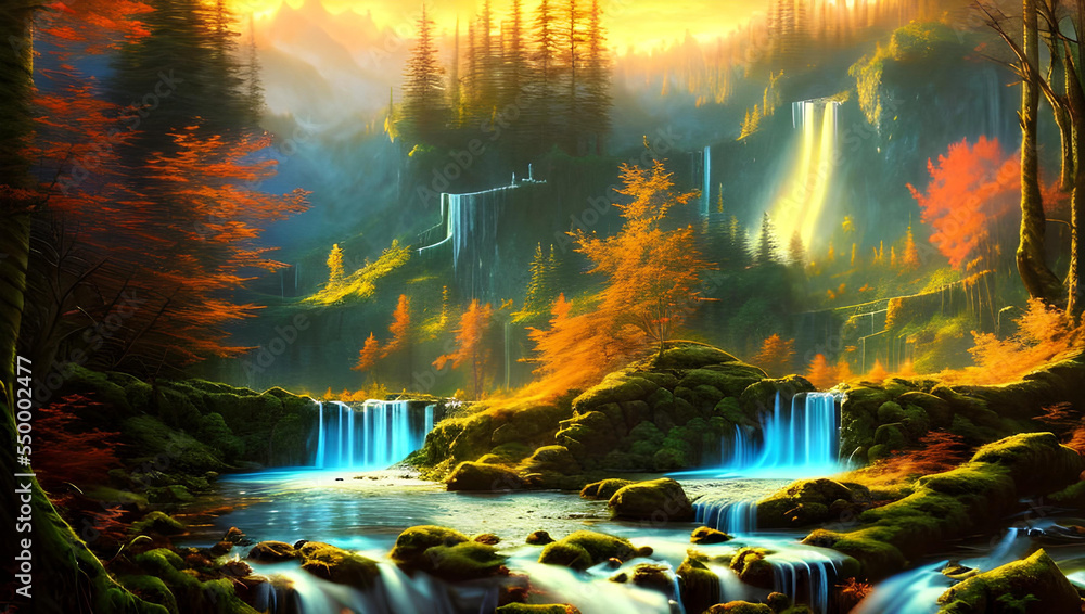 Obraz premium a magic fantasy forest landscape with a river and waterfalls in the sunset - painting