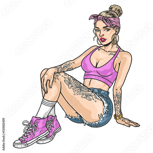 Cocky tattoo woman emblem colorful
