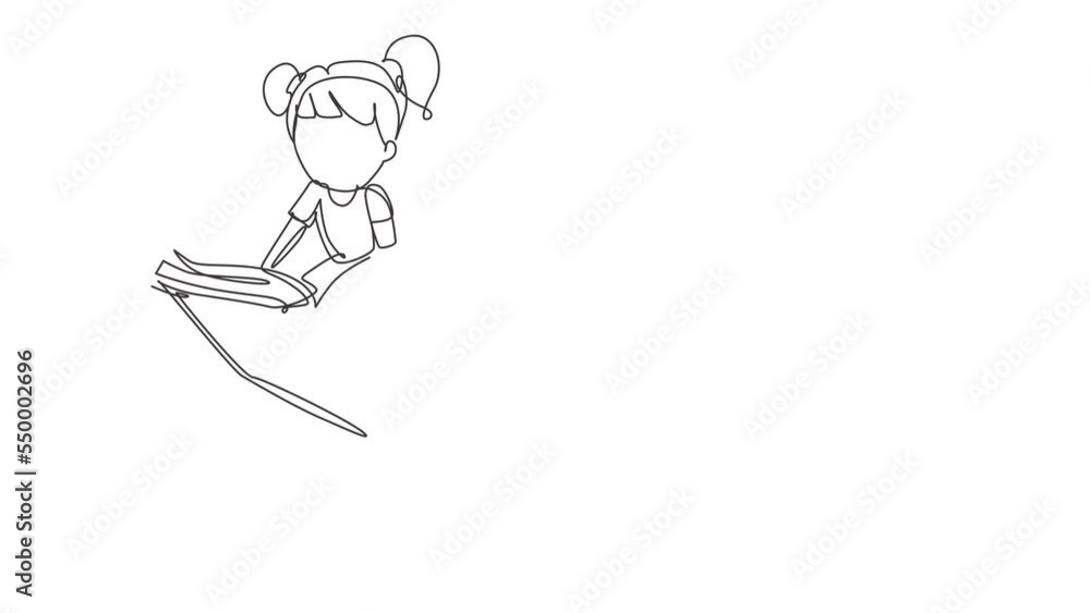 Animated self drawing of single continuous line draw little girl student or preschooler flying on magic book. Happy kids flying on the book. Knowledge power concept. Full length one line animation Animated self drawing of single continuous line draw little girl student or preschooler flying on magic book. Happy kids flying on the book. Knowledge power concept. Full length one line animation