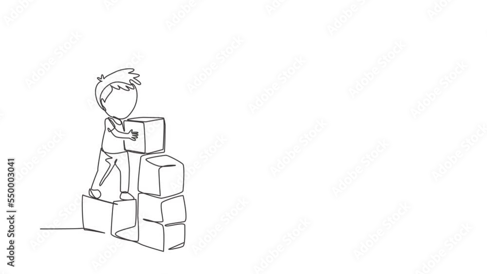 Self drawing animation of single line draw two little boys playing blocks toys. Educational toys. Children playing designer cubes, developmental constructor. Continuous line draw. Full length animated Self drawing animation of single line draw two little boys playing blocks toys. Educational toys. Children playing designer cubes, developmental constructor. Continuous line draw. Full length animated