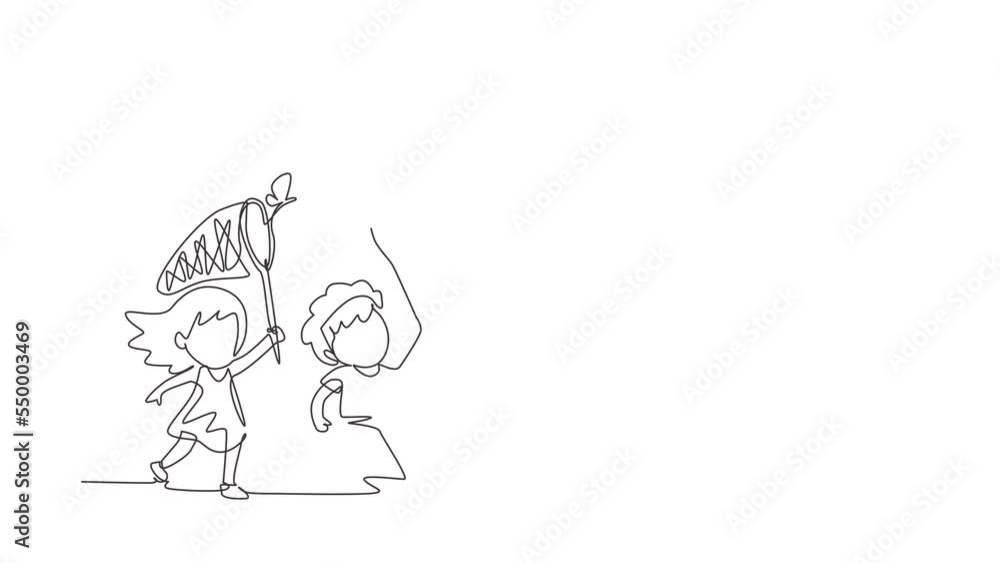 Animated self drawing of continuous line draw cute little boys and girls catches butterfly. Happy child runs at garden together. Happy kids catching bugs in field. Full length single line animation Animated self drawing of continuous line draw cute little boys and girls catches butterfly. Happy child runs at garden together. Happy kids catching bugs in field. Full length single line animation
