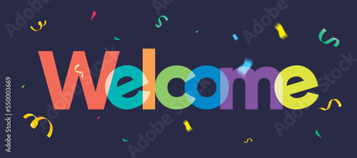 welcome sign on dark background, vector exploding confetti