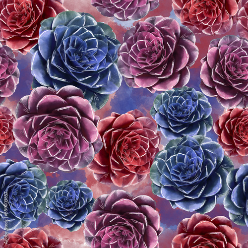 Seamless bright pattern with camellias. Background with flowers. Stylization watercolor.