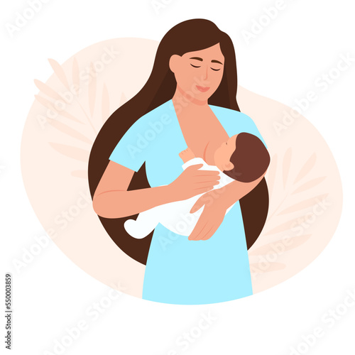 Woman feeding a baby with breast.  Lactation concept. Breastfeeding mother. World Breastfeeding Week. Flat vector illustration.