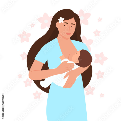 Breastfeeding mother. Woman feeding a baby with breast.  Lactation concept. World Breastfeeding Week. Flat vector illustration.
