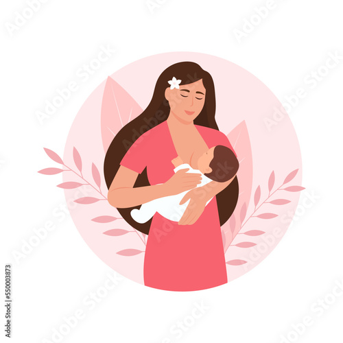 Woman feeding a baby with breast with nature and leaves background. Lactation concept. Breastfeeding mother.World Breastfeeding Week. Flat vector illustration