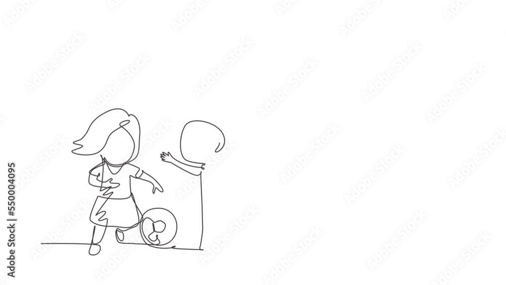 Animated self drawing of continuous line draw girls playing football. Two kids playing sport at playground. Smiling children kicking ball by foot between them. Full length single line animation Animated self drawing of continuous line draw girls playing football. Two kids playing sport at playground. Smiling children kicking ball by foot between them. Full length single line animation